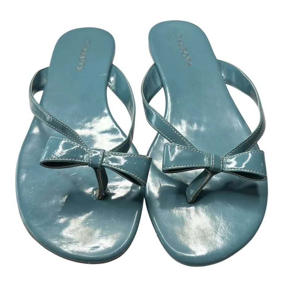 Talbots Womens Blue Sandals Patent Leather Flats Flip Flops with Bow Size US 9